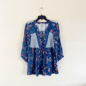 🌿Final Sale Almost Famous Floral‎ Lace Up Neckline Top